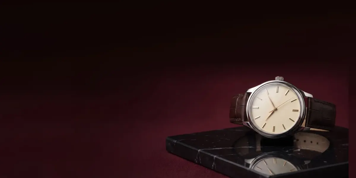 A wide banner of the dress watch on dark stone with space for words on the left