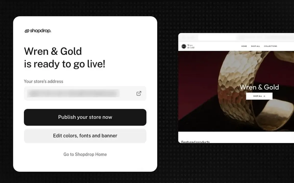 The first run ends on "Wren & Gold is ready to go live!" with the store preview beside it