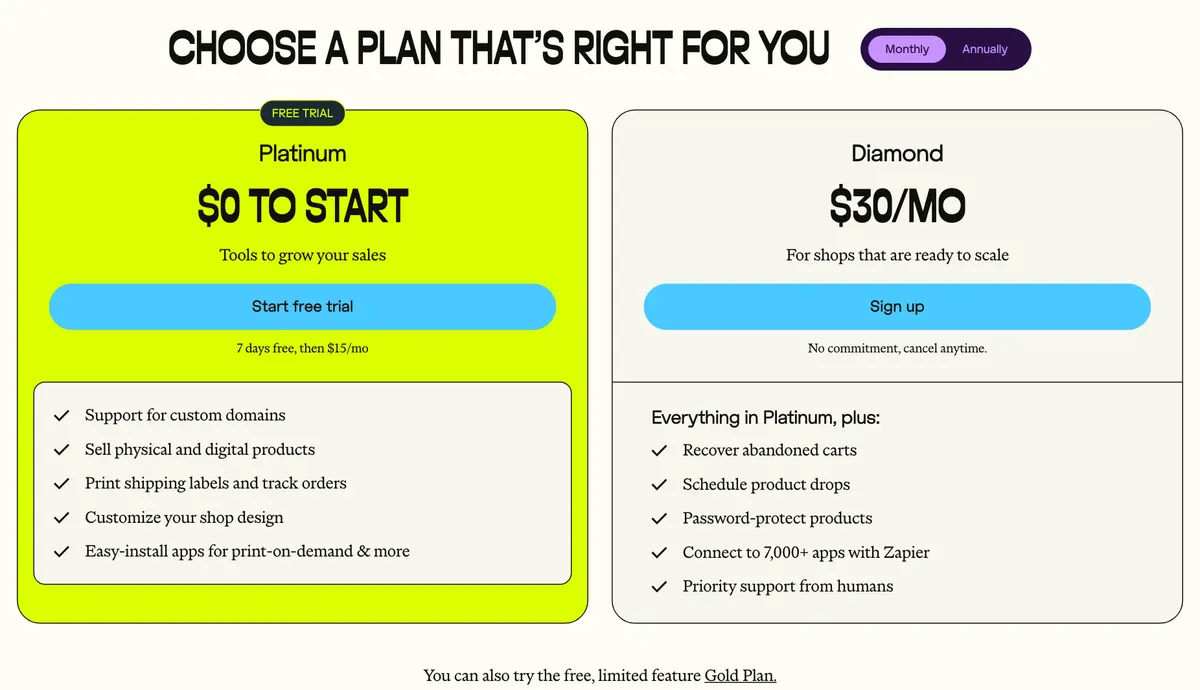 Big Cartel's pricing page: Platinum at $0 to start, then $15 a month after 7 days, and Diamond at $30 a month
