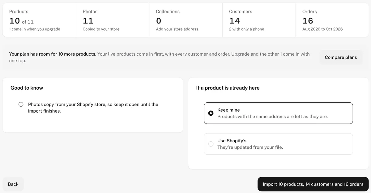 The check before importing: 10 of 11 products, 11 photos, 14 customers and 16 orders from August to October 2026, with the button Import 10 products, 14 customers and 16 orders