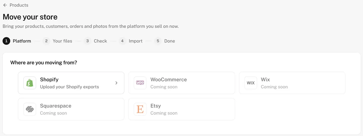 The Move your store screen in Shopdrop, asking where you're moving from, with Shopify, WooCommerce, Wix, Squarespace and Etsy