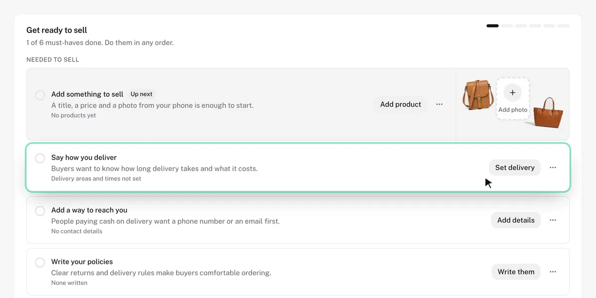 The launch checklist on a new Shopdrop store, with Say how you deliver lifted and the cursor on Set delivery