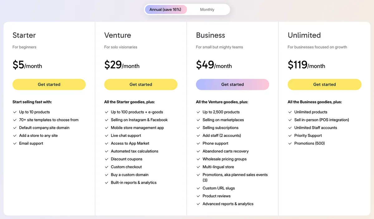 Ecwid's pricing page with annual billing: Starter at $5 a month, Venture at $29, Business at $49 and Unlimited at $119
