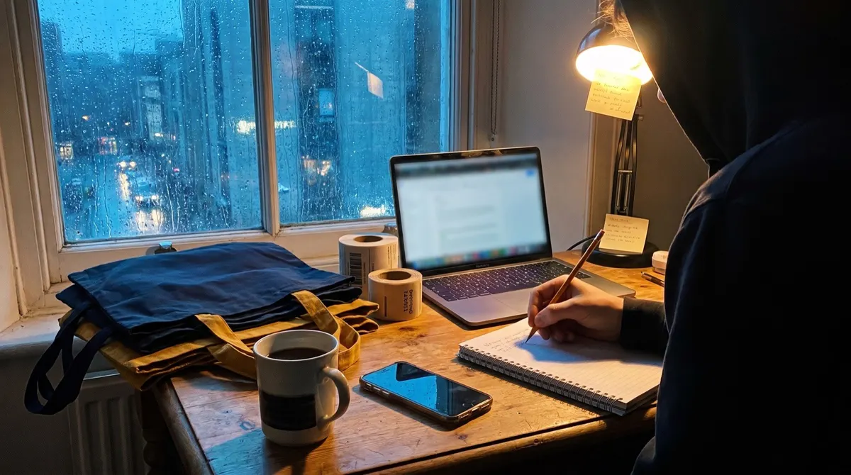 A seller adding up the month's costs in a notebook at a desk late at night