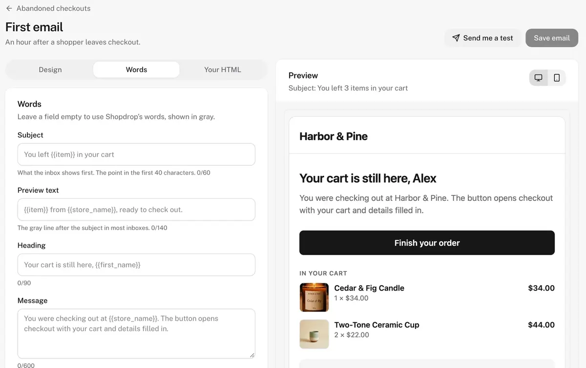 The reminder email editor in Shopdrop: subject, preview text, heading and message fields beside a live preview of the email with the cart