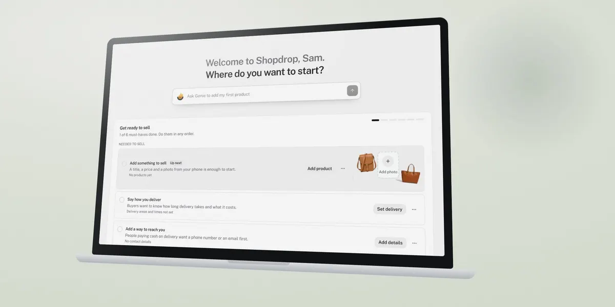 A laptop showing a new Shopdrop store's Home screen, with the launch checklist of six must-haves