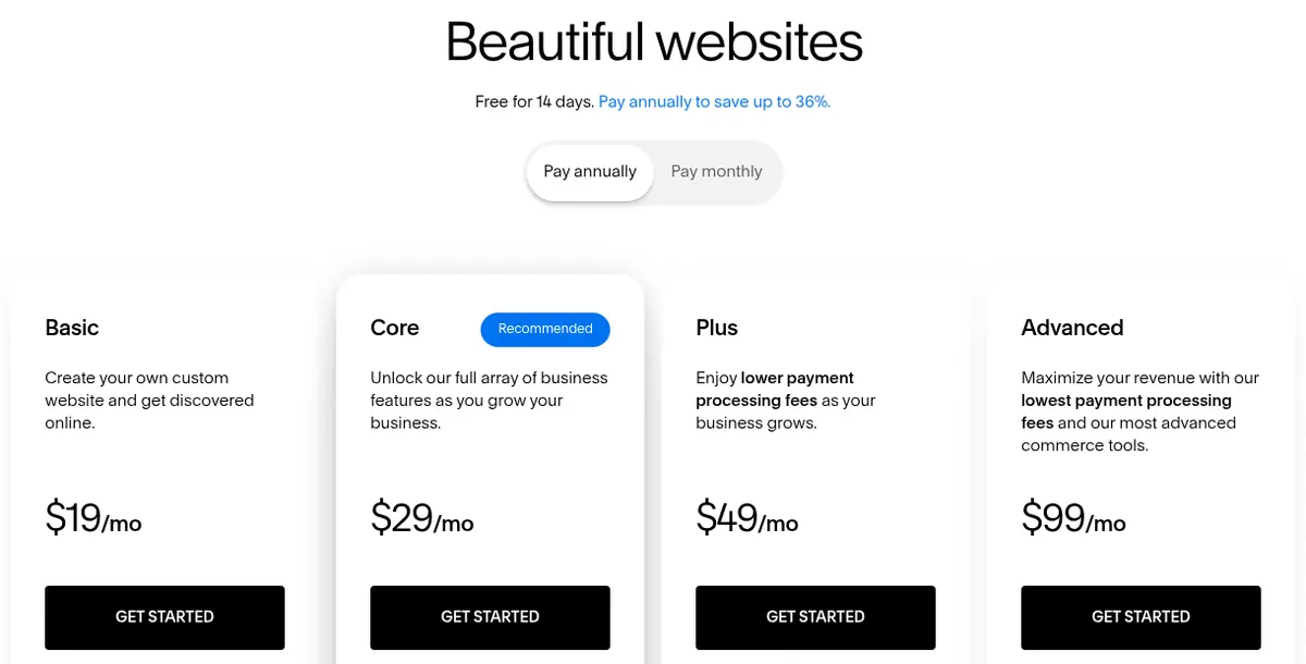 Squarespace's pricing page with annual billing: Basic at $19 a month, Core at $29, Plus at $49 and Advanced at $99