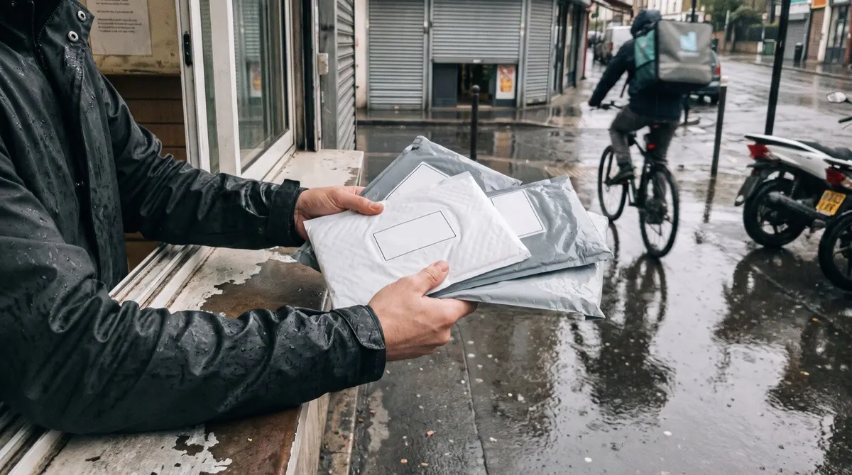 Handing three padded mailers over a post office counter on a rainy morning