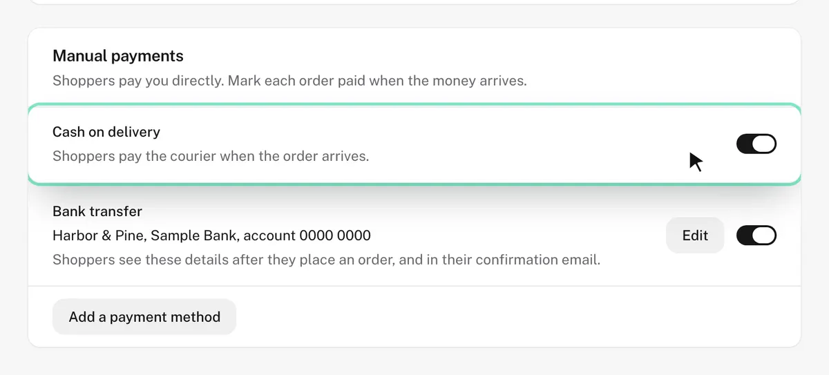 Manual payments in Shopdrop settings, with cash on delivery lifted and switched on, and bank transfer below