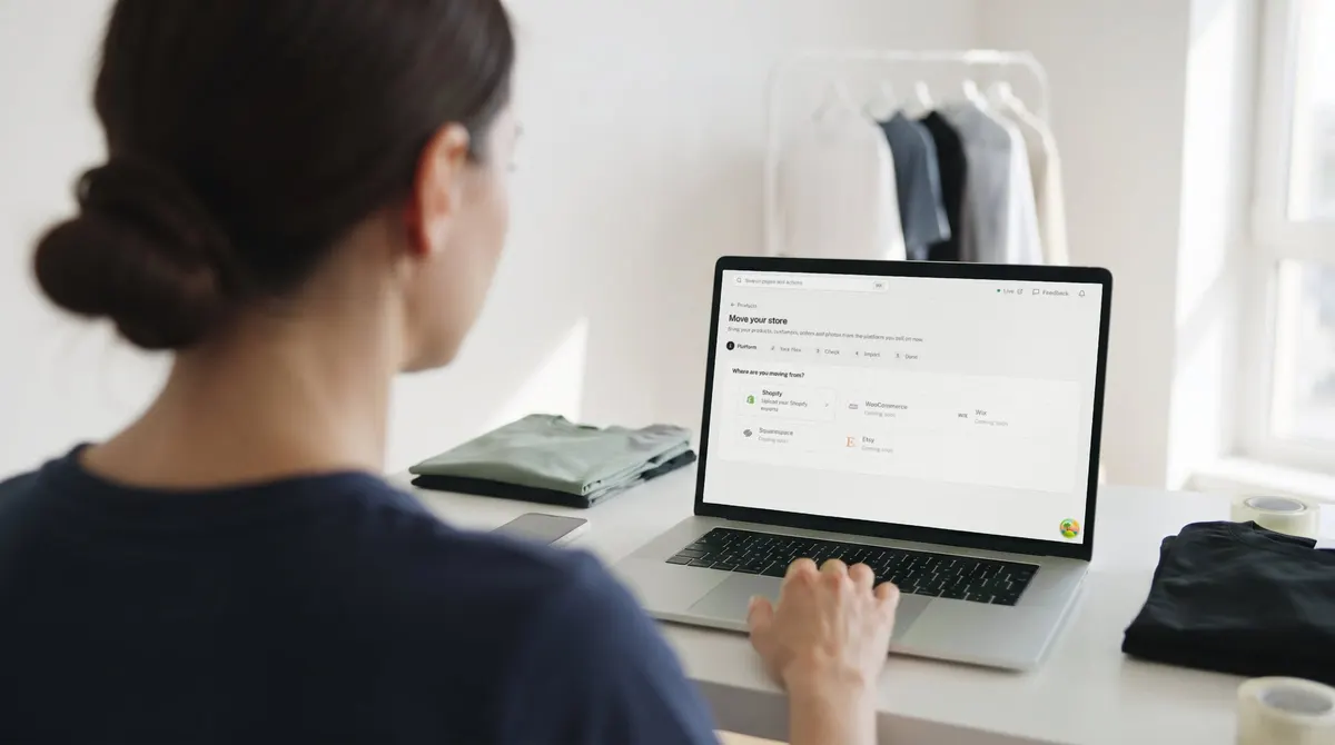 Over the shoulder of a seller at her desk, a laptop open to the Move your store screen listing Shopify, WooCommerce, Wix, Squarespace and Etsy