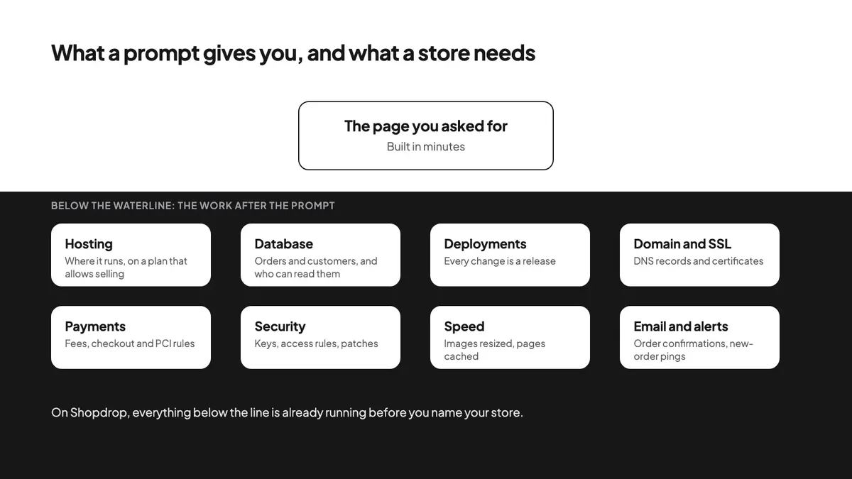 Above the waterline, the page a prompt builds. Below it, hosting, database, deployments, domain and SSL, payments, security, speed and email