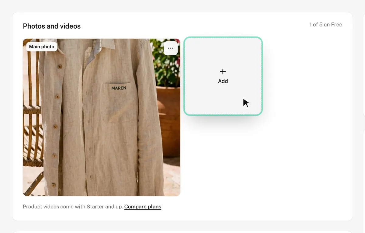 The photos card of a product in Shopdrop, with the Add tile lifted and the counter showing 1 of 5 on Free