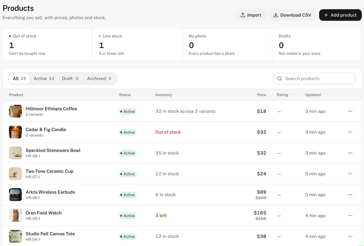 The Shopdrop product list after the import, with photos, stock levels and prices for each product