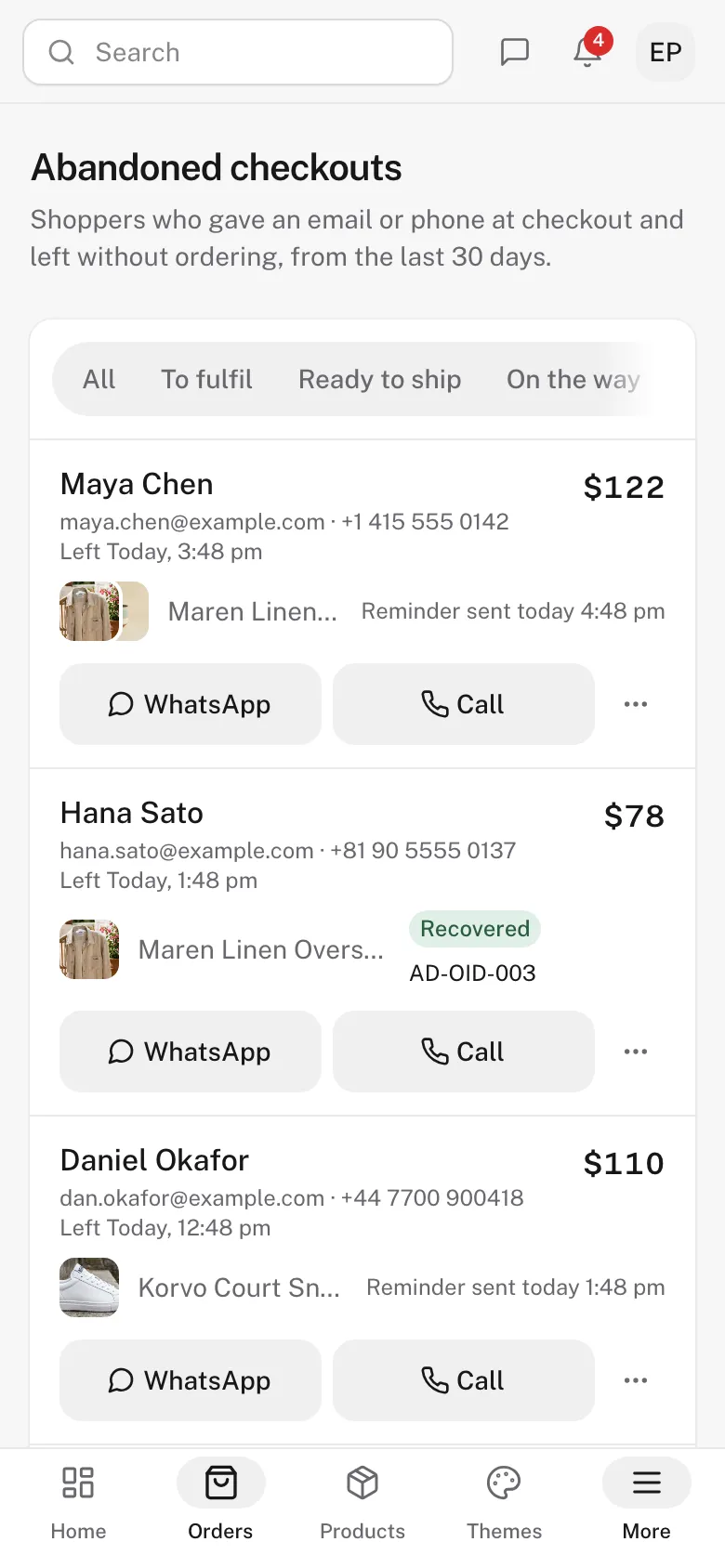 Abandoned checkouts on a phone, with WhatsApp and Call buttons on each shopper