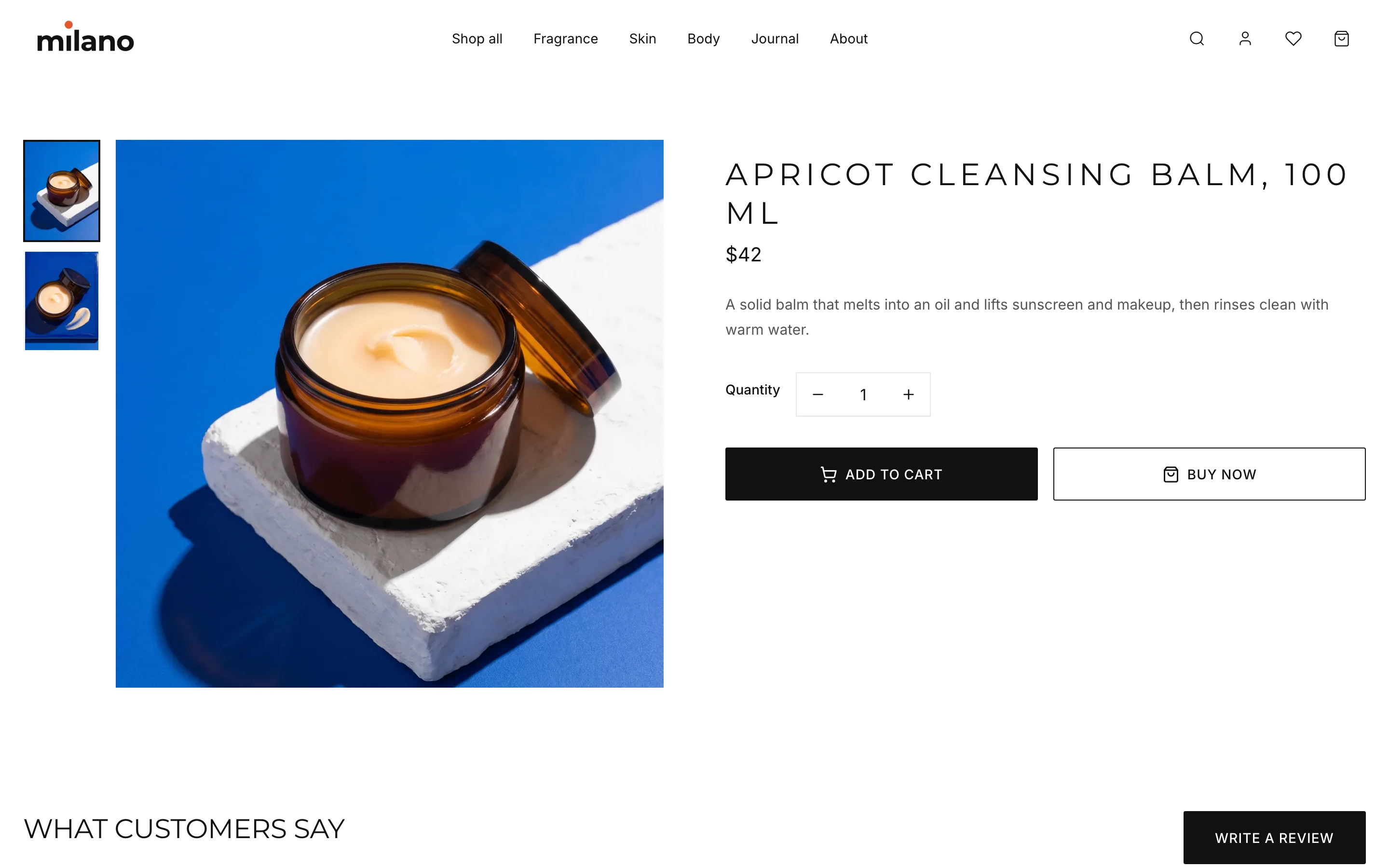 Milano's product page on a desktop