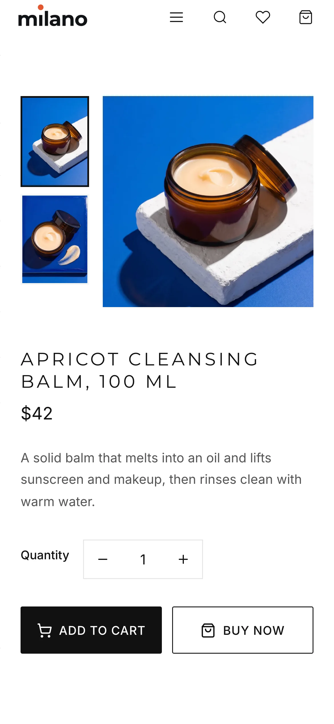 Milano's product page on a phone